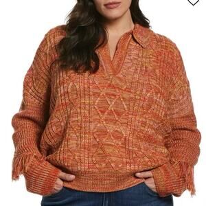 Ella Rafaella Women's Plus Fringe Trim Collared Sweater Rust 3X – NWT Boho Chic